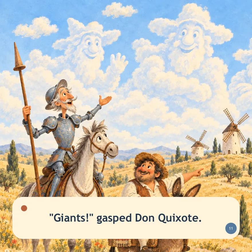 The same scene in the one-prompt book: Don Quixote points and cries Giants, and never charges.
