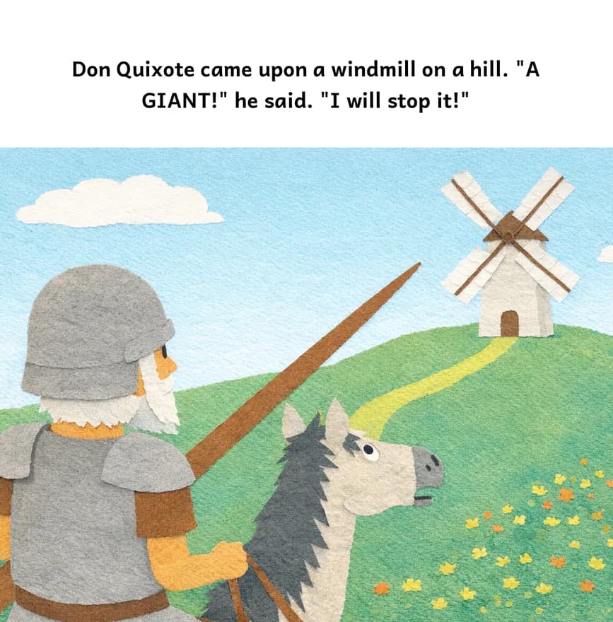 The windmill scene in our book: Don Quixote cries A giant! and rides at the windmill.