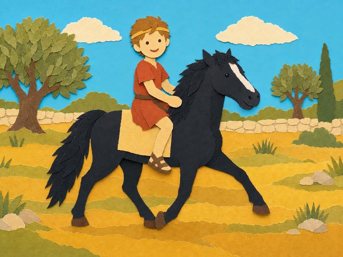 Alexander, in a red tunic, rides the black horse across a sunny yellow field, in cut-paper collage