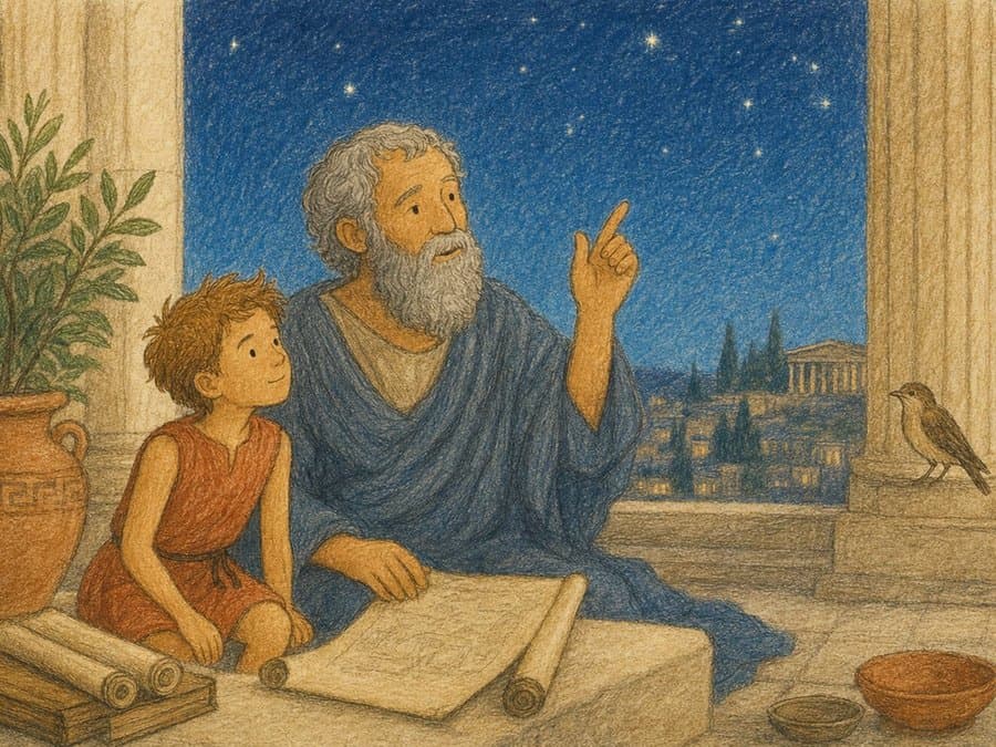 Young Alexander sits beside the white-bearded Aristotle, who points up at a starry sky through an open window, with scrolls on the table, in soft crayon