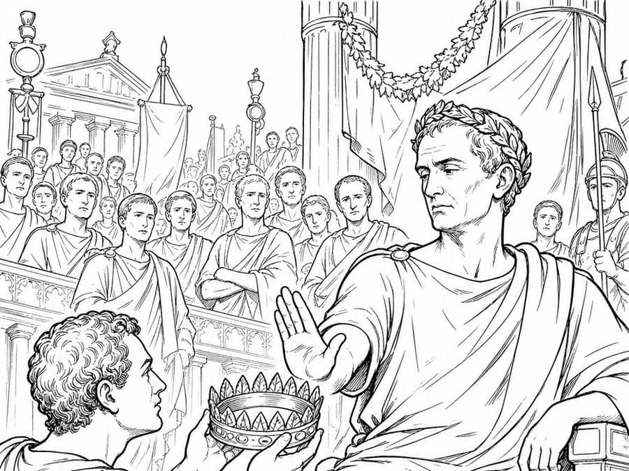 Caesar sits on a raised chair while a kneeling man holds up a crown to him and a crowd watches, in black-and-white line art