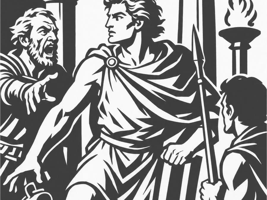 Alexander lunges beside an overturned table of spilled cups and food while a bearded man looks on, in black-and-white woodcut