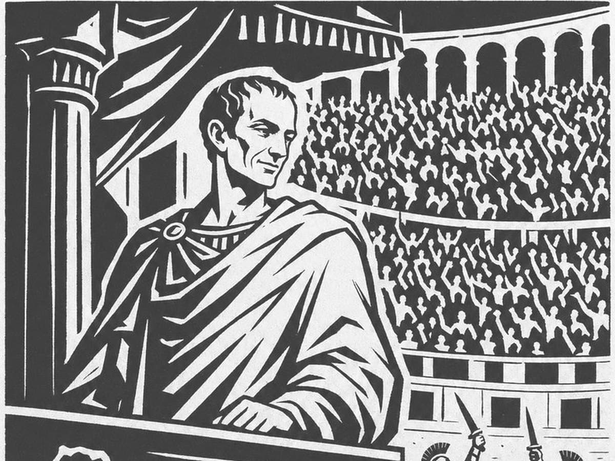 Caesar stands at a railing above a packed arena, in black-and-white woodcut
