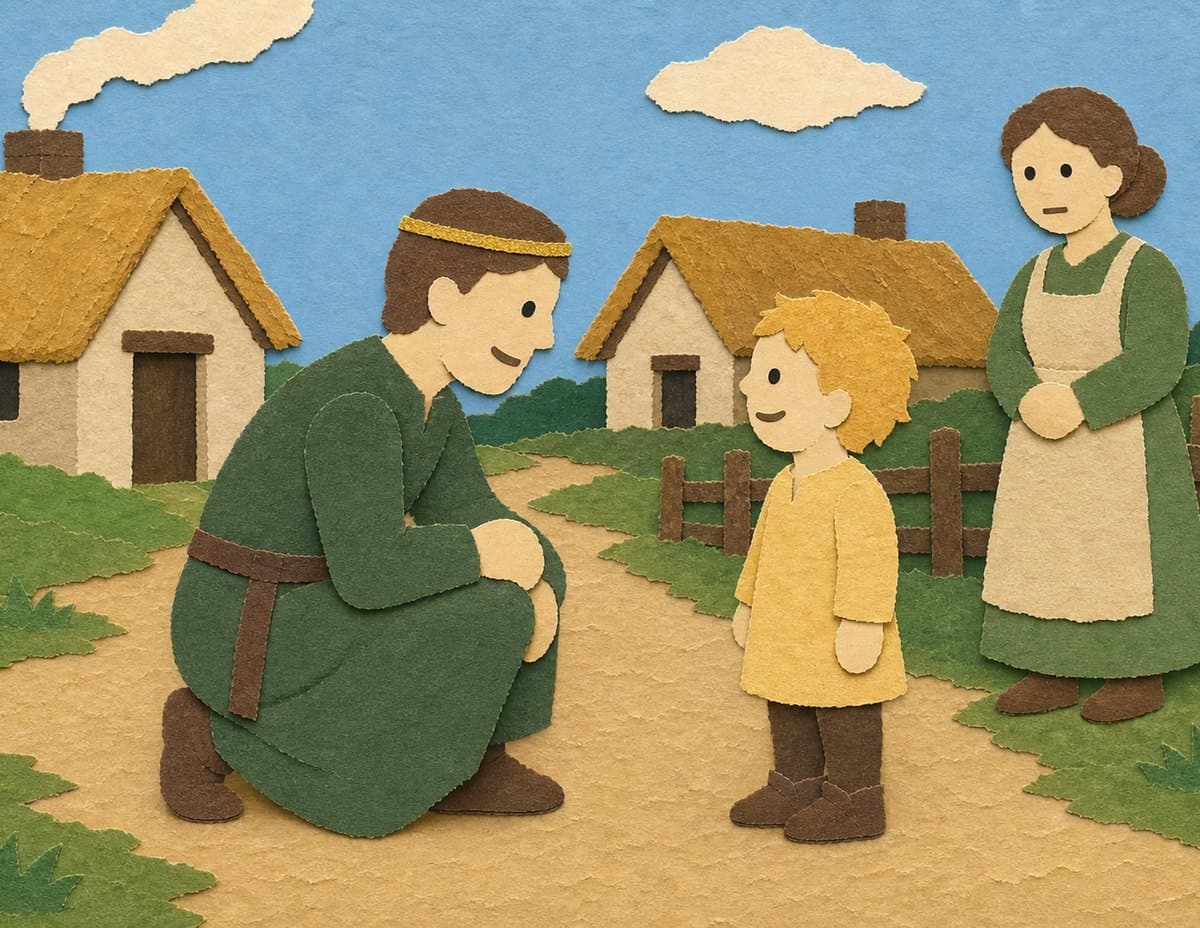 Alfred, in a green tunic, kneels to talk with a small child outside thatched cottages while the child's mother watches, in cut-paper collage