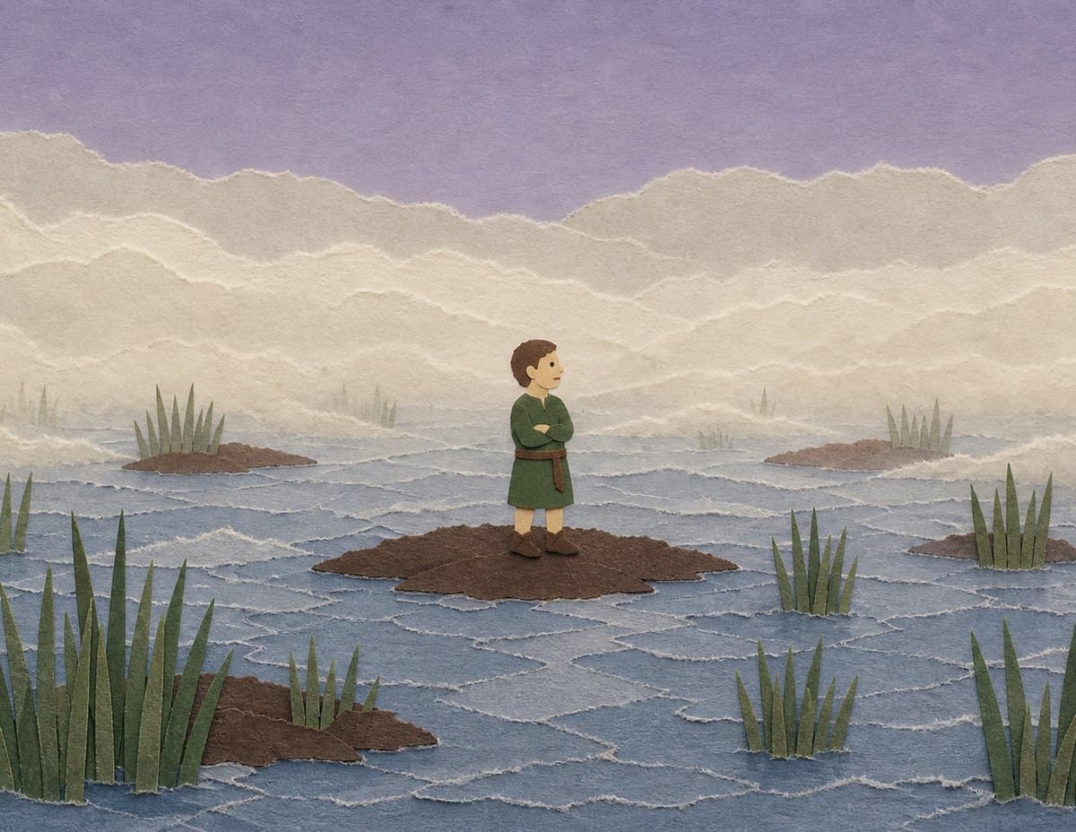 Alfred stands alone on a small patch of ground in a foggy marsh, with water and reeds all around, in cut-paper collage