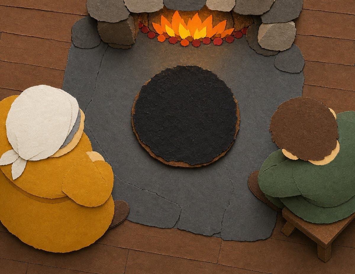 Seen from above, a woman in a headscarf and Alfred sit on either side of a round loaf burnt black by the fire, in cut-paper collage