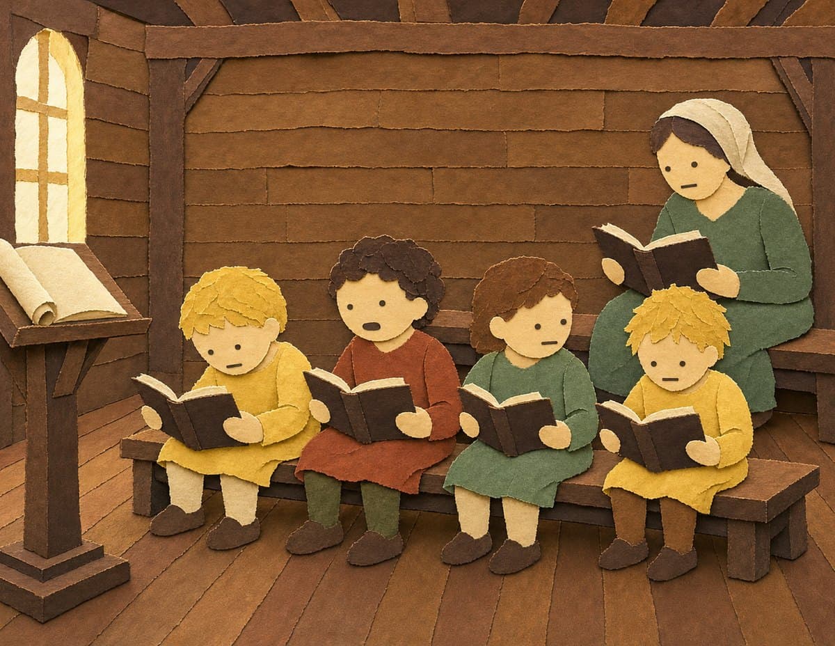 A woman reads with a row of small children holding open books on a bench, beside a lectern under a window, in cut-paper collage
