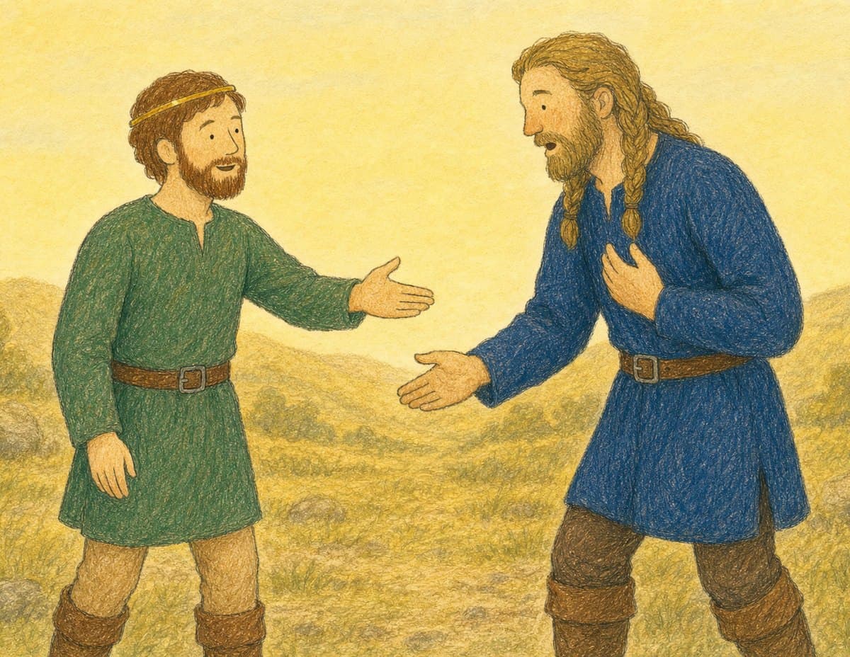 Alfred and a long-haired man in a blue tunic reach out to each other in a sunny field, in soft crayon