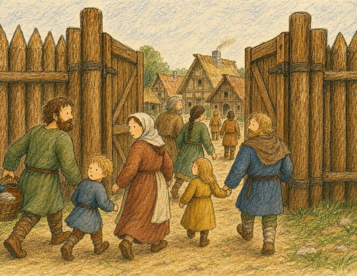 Families with small children hurry in through the open wooden gates of a walled town, in soft crayon
