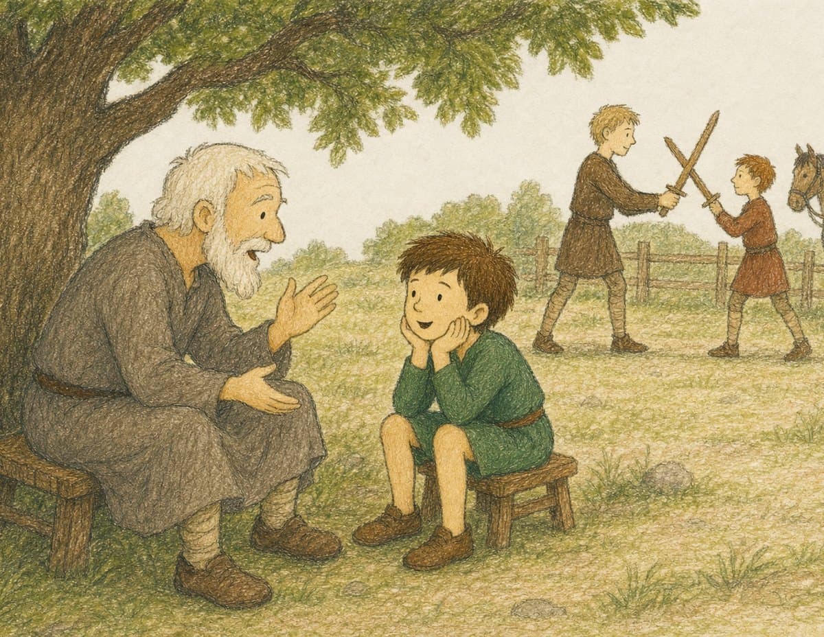 An old man tells a story to young Alfred under a tree while two boys practice with wooden swords in the field behind, in soft crayon