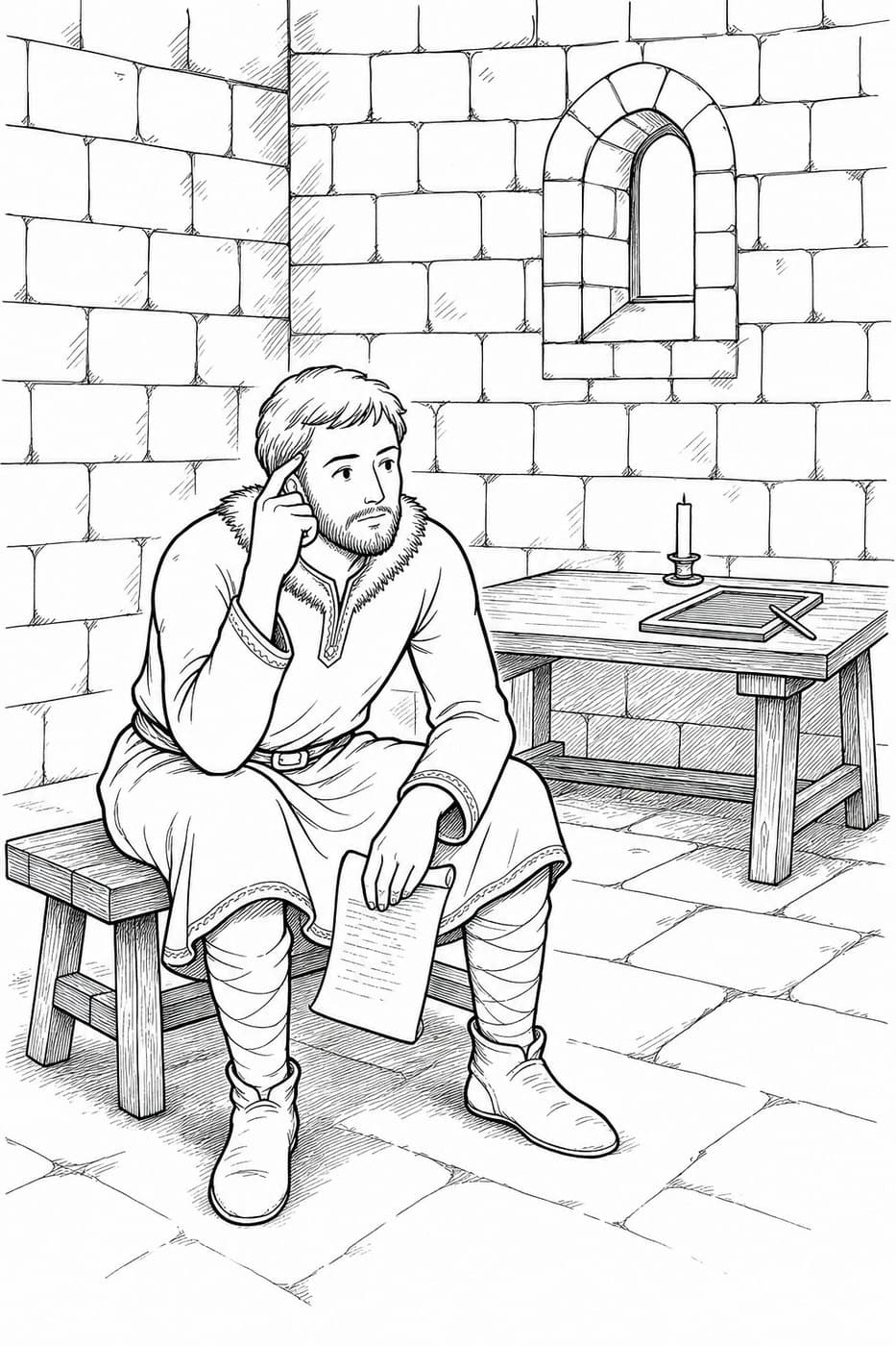 Alfred sits on a bench in a stone room, chin in his hand and a paper on his knee, with a candle on the table behind him, in black-and-white line art