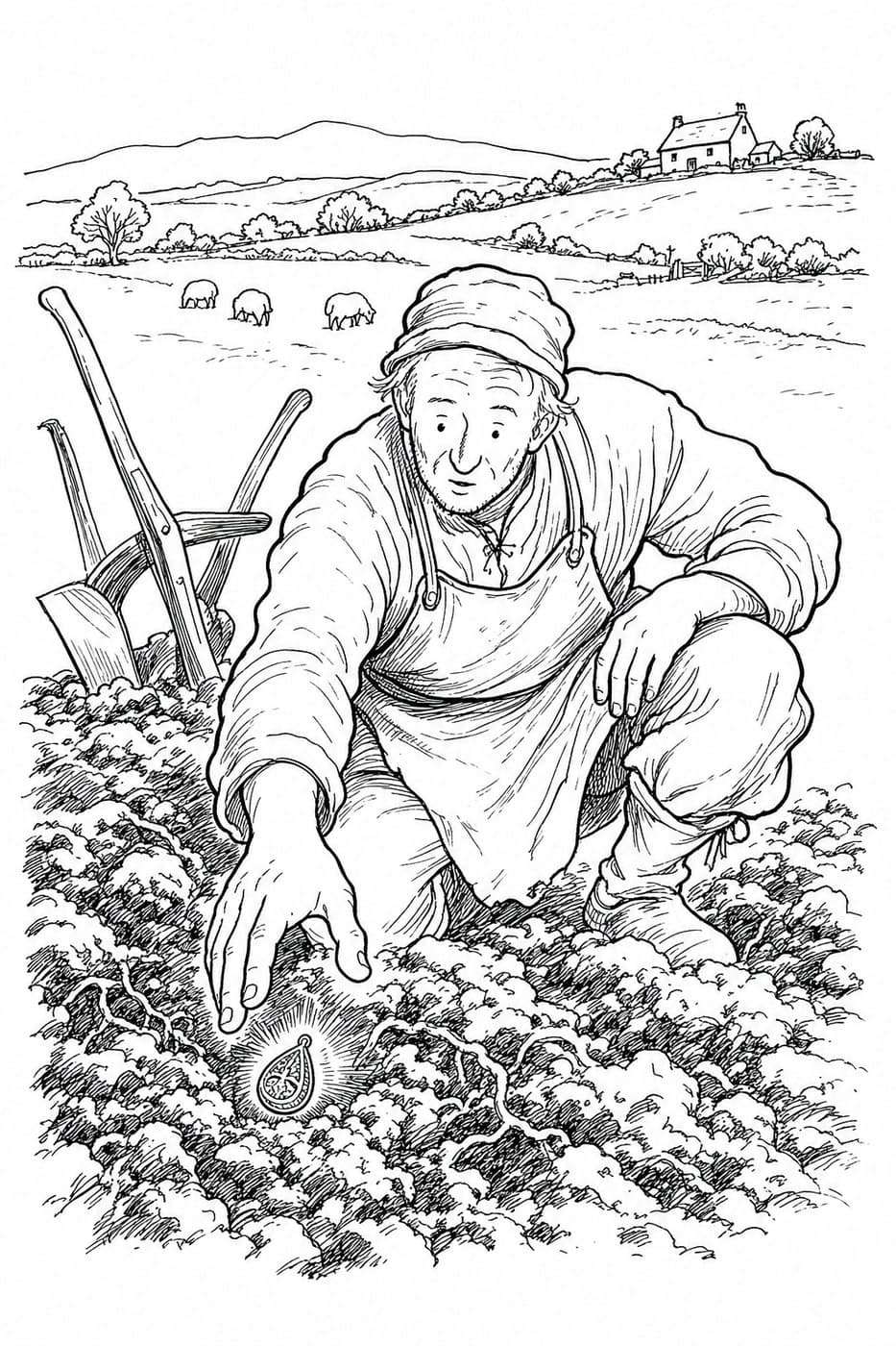 A farmer crouches beside his plow in a field and reaches into the soil for the Alfred Jewel, with sheep in the distance, in black-and-white line art