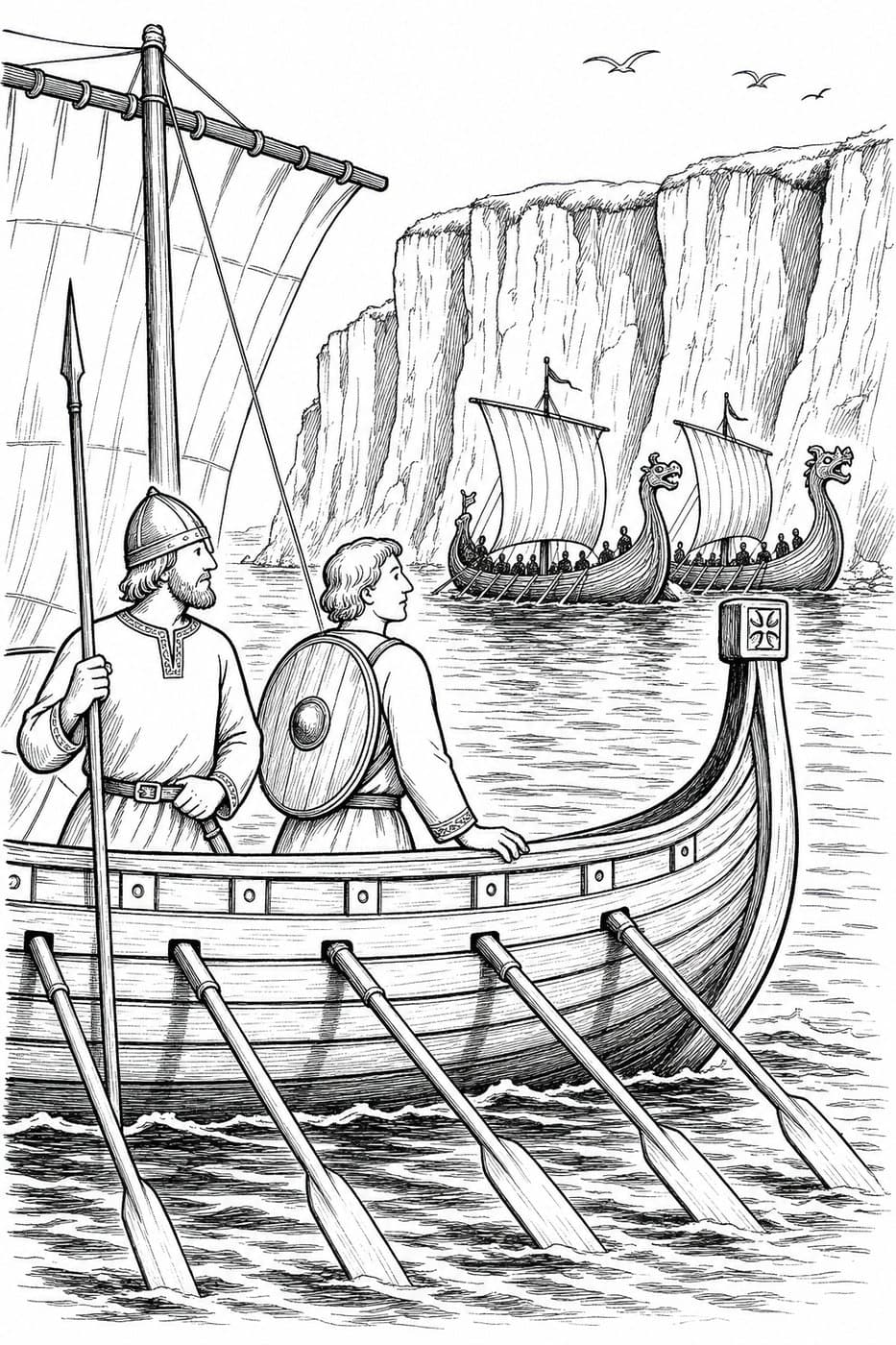 Two armed men stand in a long ship with a row of oars out, facing two dragon-prowed ships under tall white cliffs, in black-and-white line art