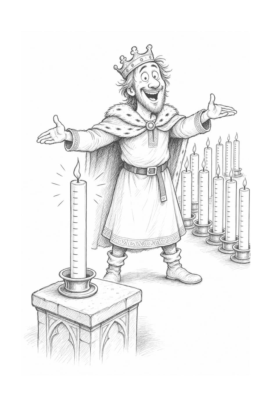 Alfred, in a crown, grins with his arms spread wide beside a tall marked candle on a stand and a row of identical candles, in black-and-white cartoon