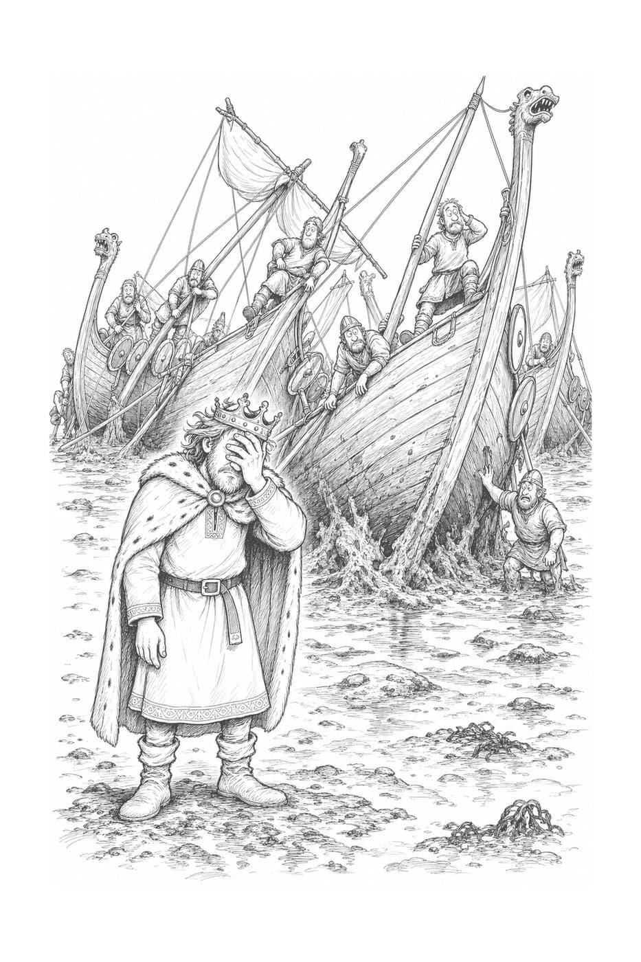 Alfred stands in the mud with a hand over his face in front of tall ships stuck fast on the shore, in black-and-white cartoon