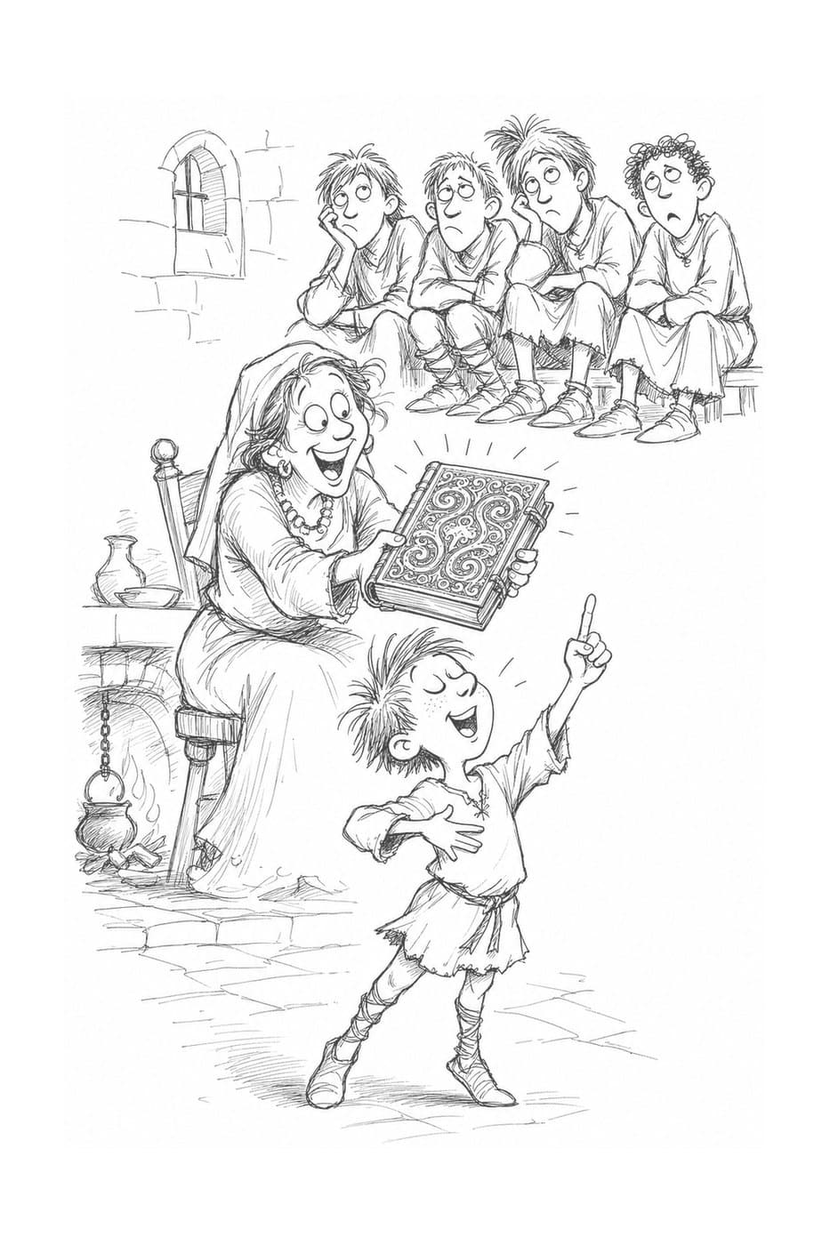 Young Alfred points in the air as he recites to his mother, who holds up a decorated book while four older boys sit bored on a bench behind, in black-and-white cartoon