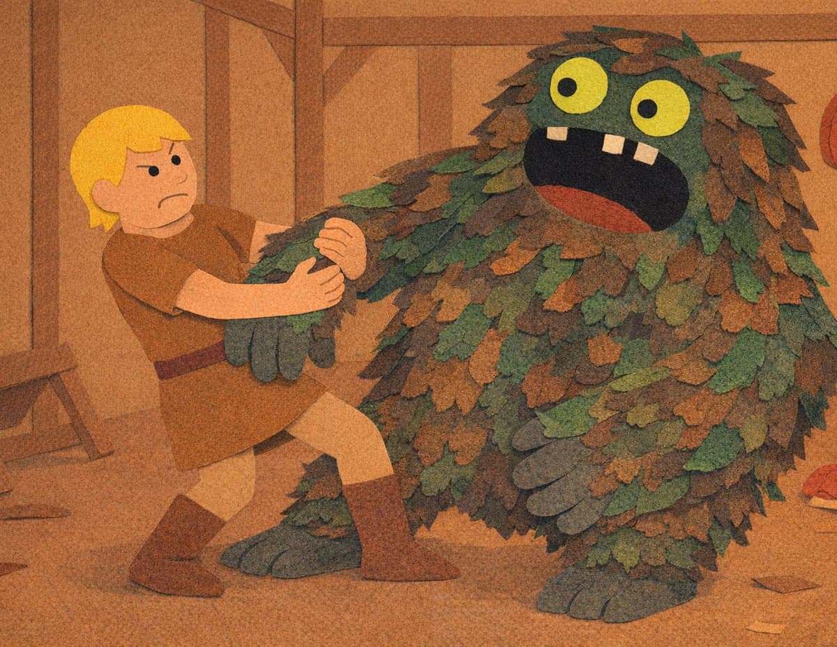Beowulf, a blond boy in a brown tunic, grabs the arm of a shaggy green monster with big yellow eyes inside a wooden hall, in cut-paper collage