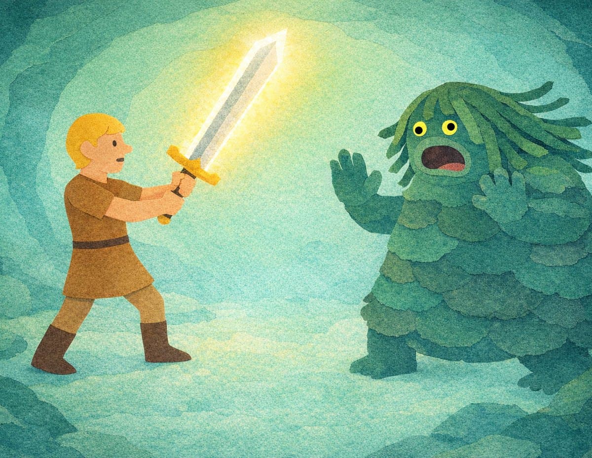 Beowulf raises a glowing sword toward Grendel's mother, a green, scaly monster, in a blue-green underwater cave, in cut-paper collage