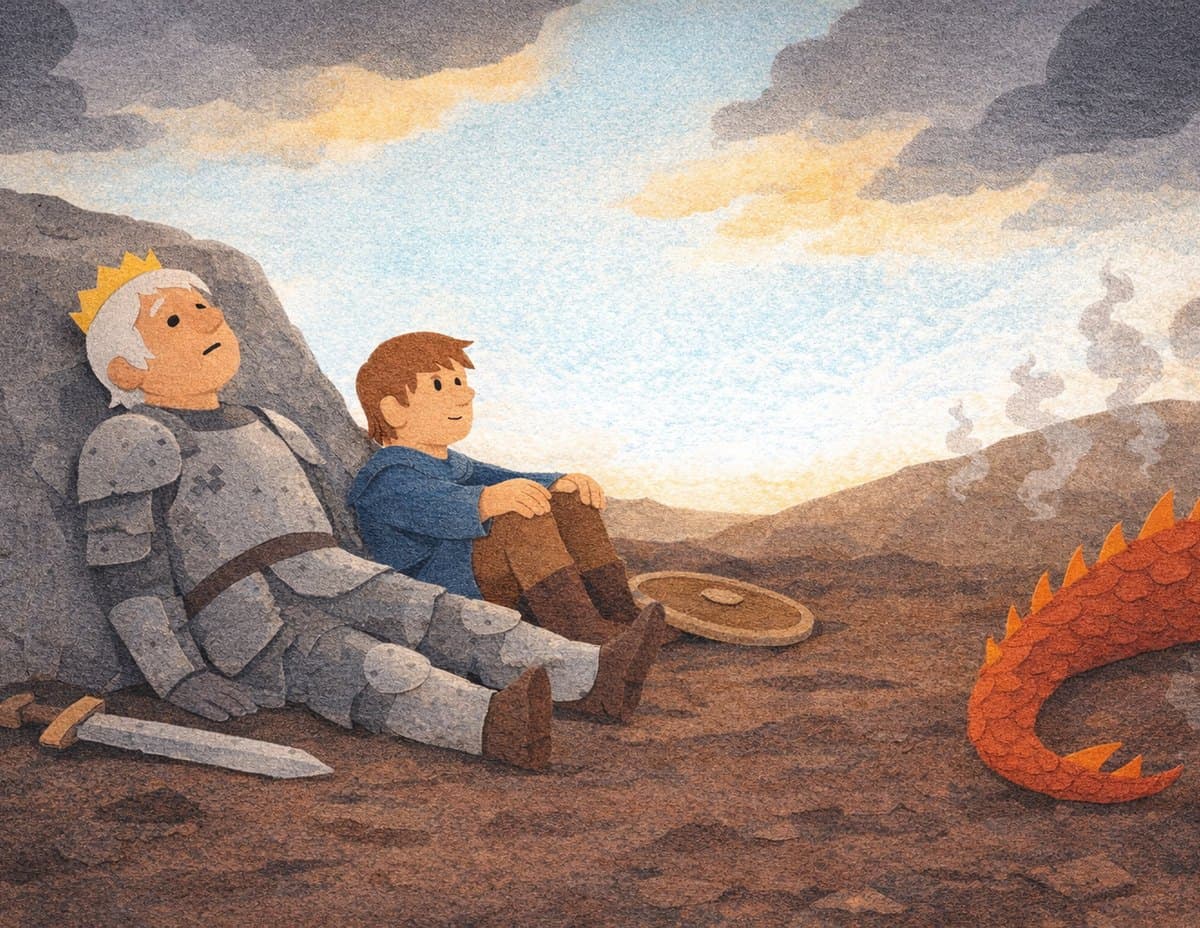 Old Beowulf in armor and young Wiglaf sit resting against a rock, a sword on the ground and the dragon's tail at the edge of the picture, in cut-paper collage