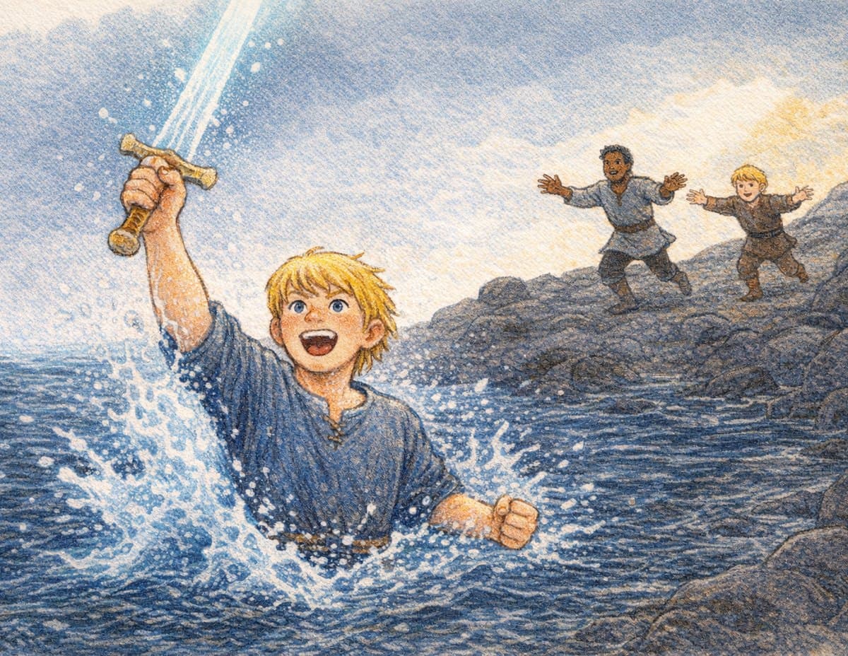 Beowulf bursts up out of the water holding a sword high while two friends run toward him along the rocky shore, in soft crayon