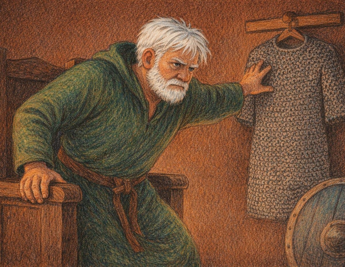 Old, white-bearded Beowulf rises from his seat and reaches for a mail shirt hanging on the wall, a shield below it, in soft crayon