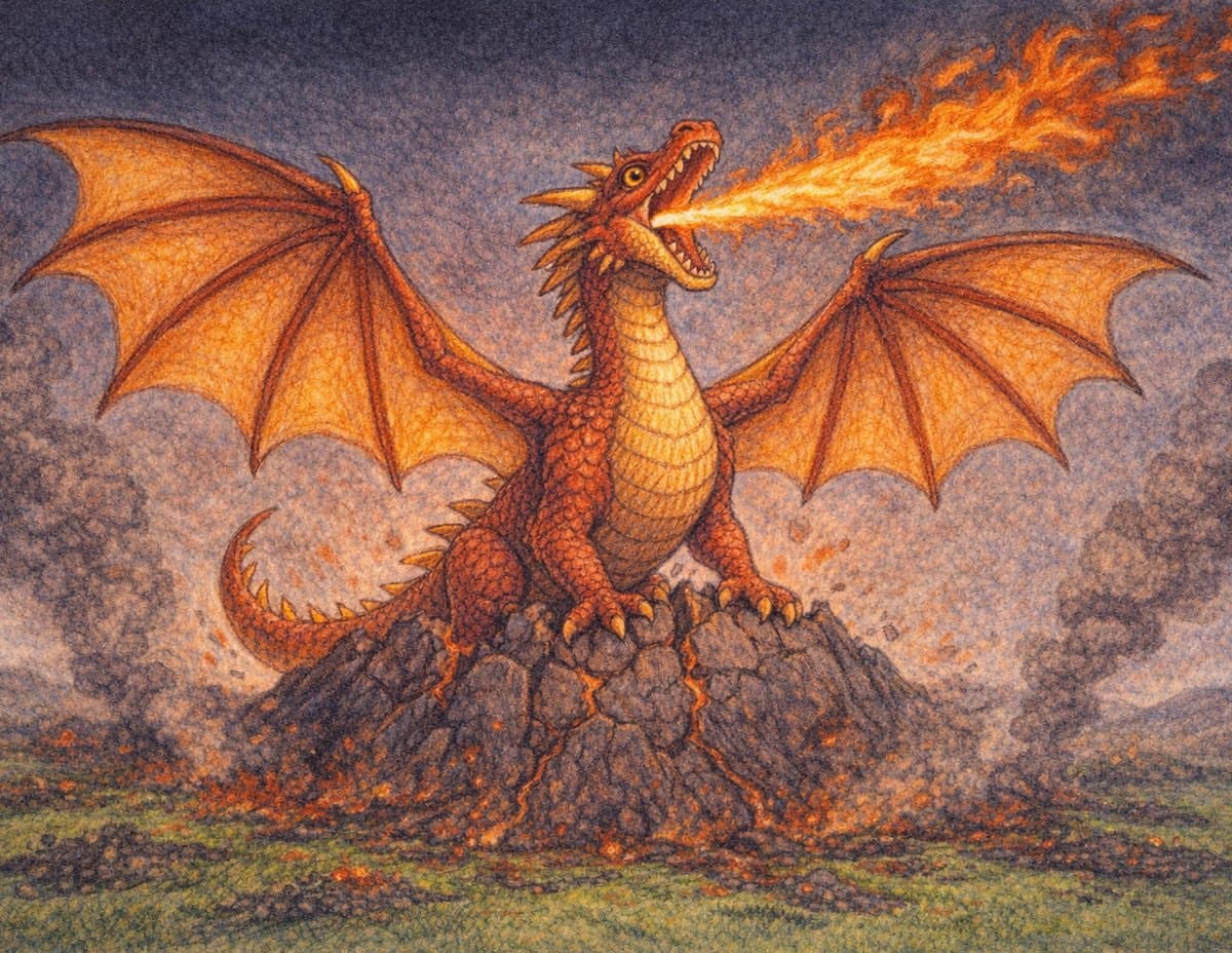 An orange dragon with wide wings breathes a stream of fire from a rocky mound, in soft crayon