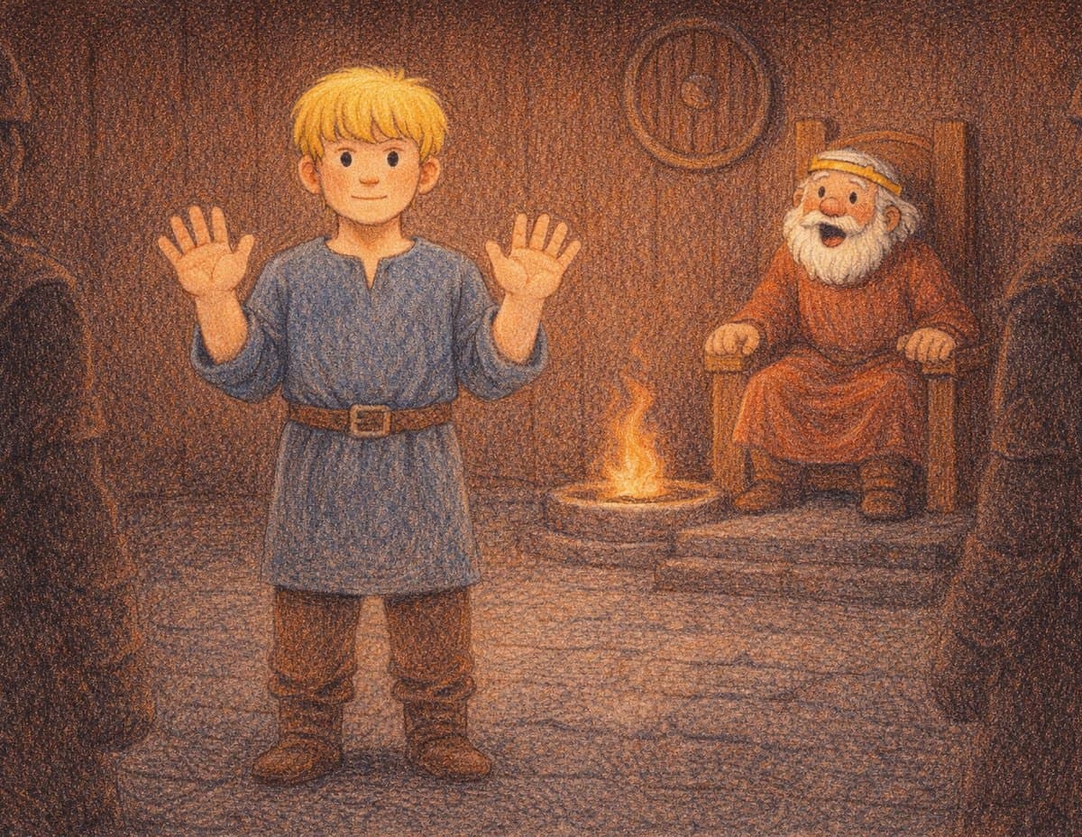 Young Beowulf in a blue tunic holds up both open hands before old King Hrothgar, who sits by the fire, in soft crayon
