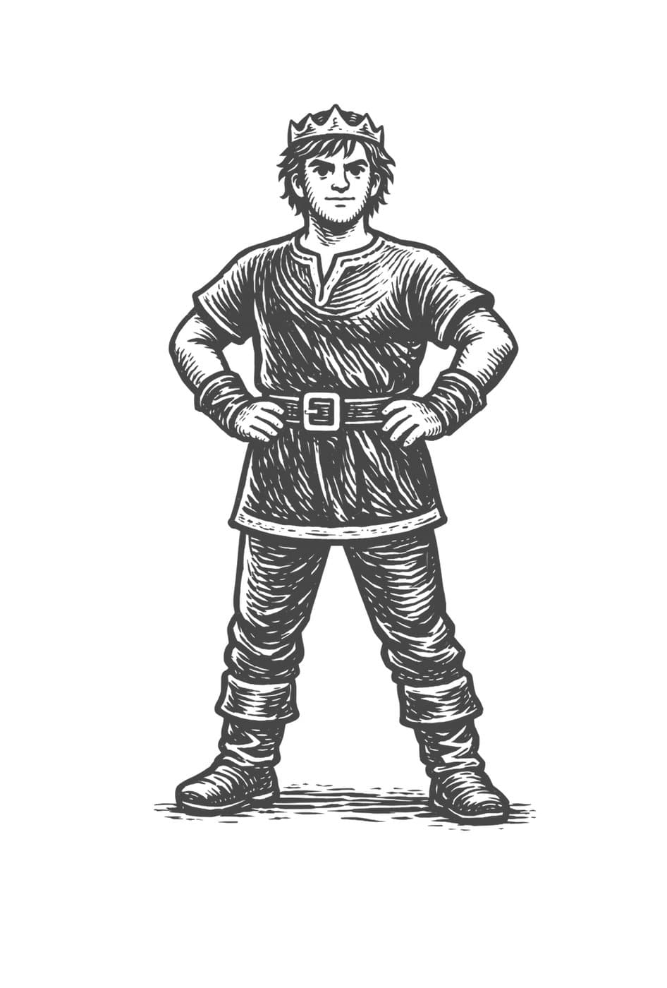 Beowulf, now a crowned king, stands with his hands on his hips, in black-and-white line art