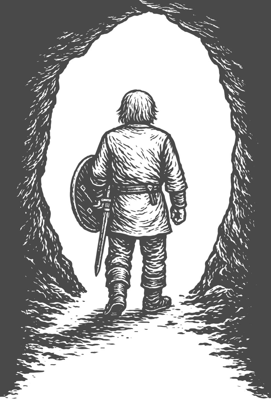 Old Beowulf, seen from behind with sword and round shield, walks into the dark mouth of a cave, in black-and-white line art