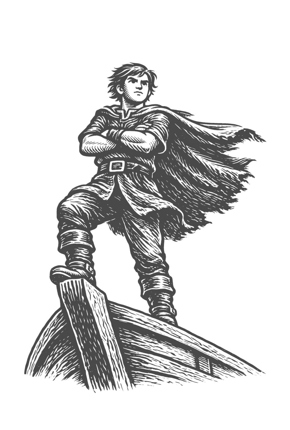 Young Beowulf stands at the prow of a ship with his arms folded and his cloak blowing, in black-and-white line art