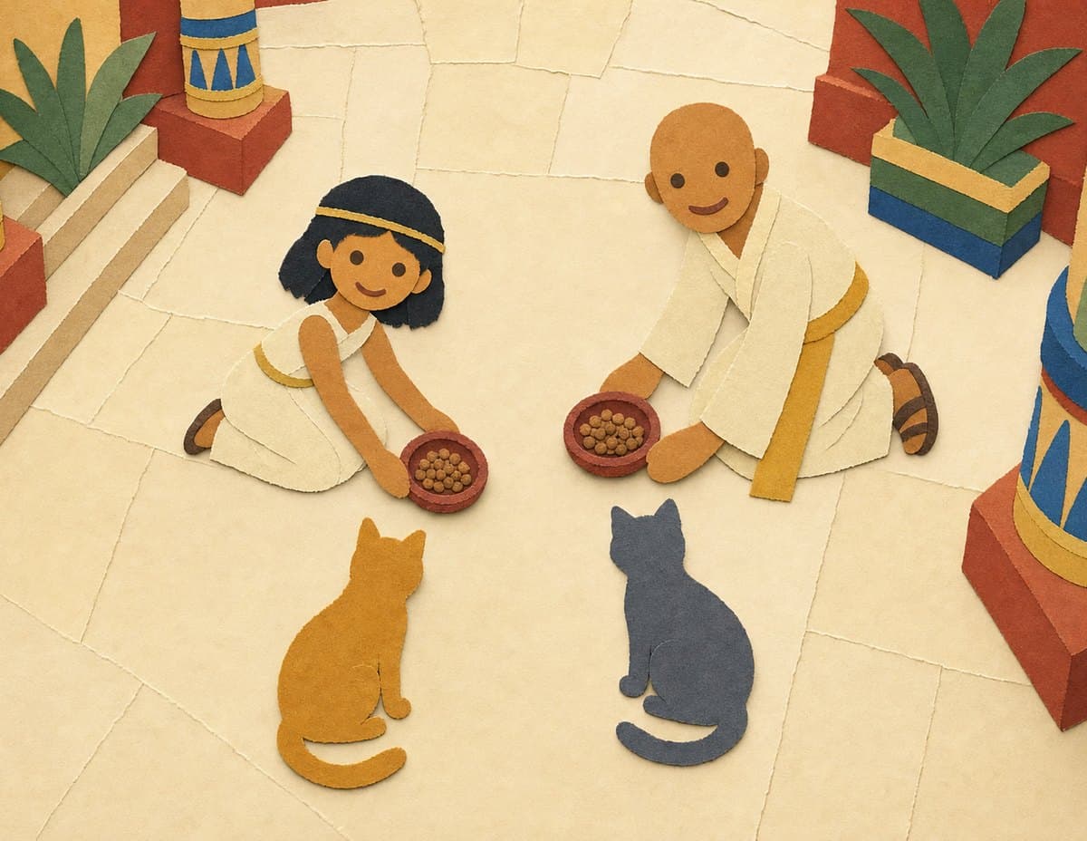 Cleopatra and a bald priest in white kneel on a stone courtyard, setting out bowls of food for an orange cat and a gray cat, in cut-paper collage