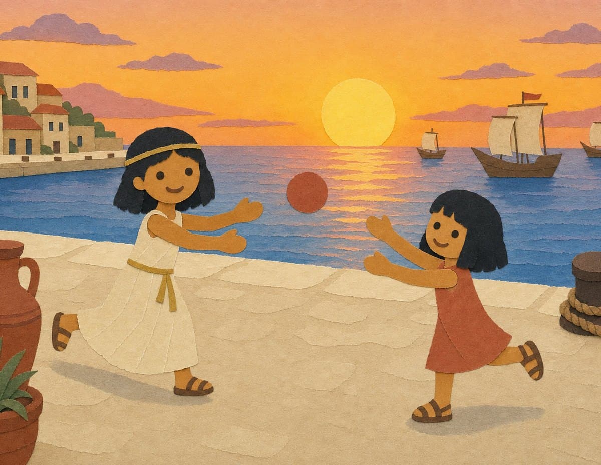 Cleopatra and a girl in an orange dress toss a ball on the waterfront at sunset, with ships on the sea behind them, in cut-paper collage