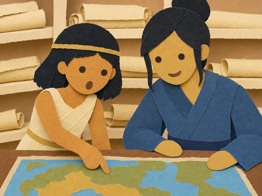 Cleopatra and a scholar in a blue robe lean over a big map of the world, and Cleopatra points to a spot on it, in cut-paper collage