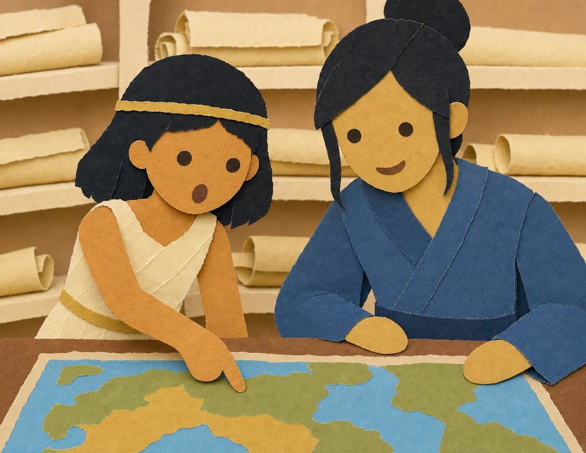 Cleopatra and a scholar in a blue robe lean over a big map of the world, and Cleopatra points to a spot on it, in cut-paper collage