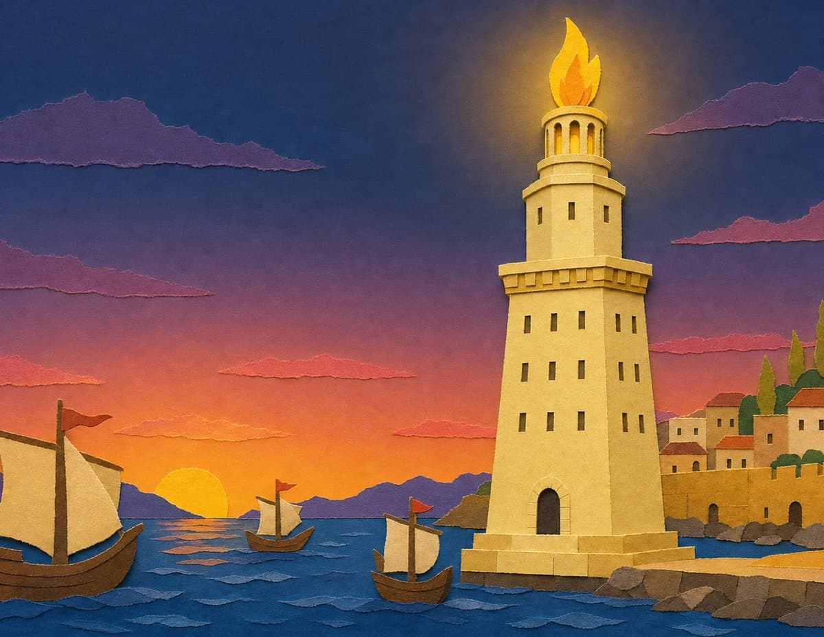 The great lighthouse at dusk, its fire burning at the top of the tower, with small ships on the water below, in cut-paper collage