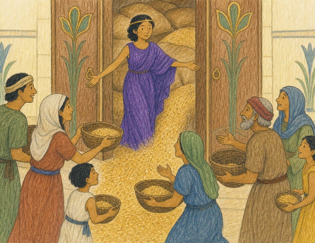 Cleopatra stands in an open storehouse doorway as grain spills out and people hold up bowls, in soft crayon