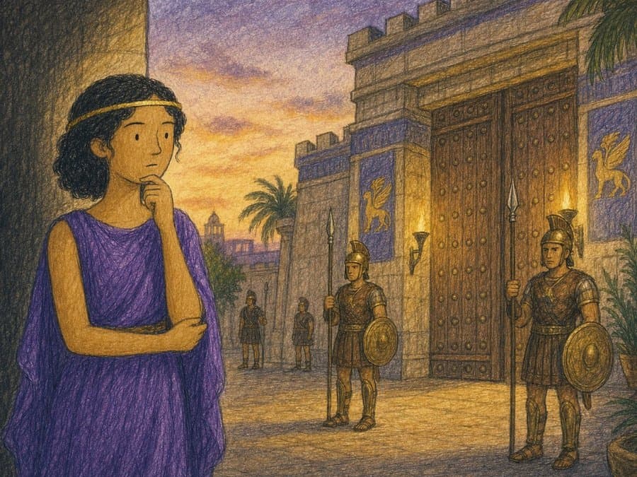 Cleopatra stands outside a great gate at dusk, where armed guards keep watch by torchlight, in soft crayon