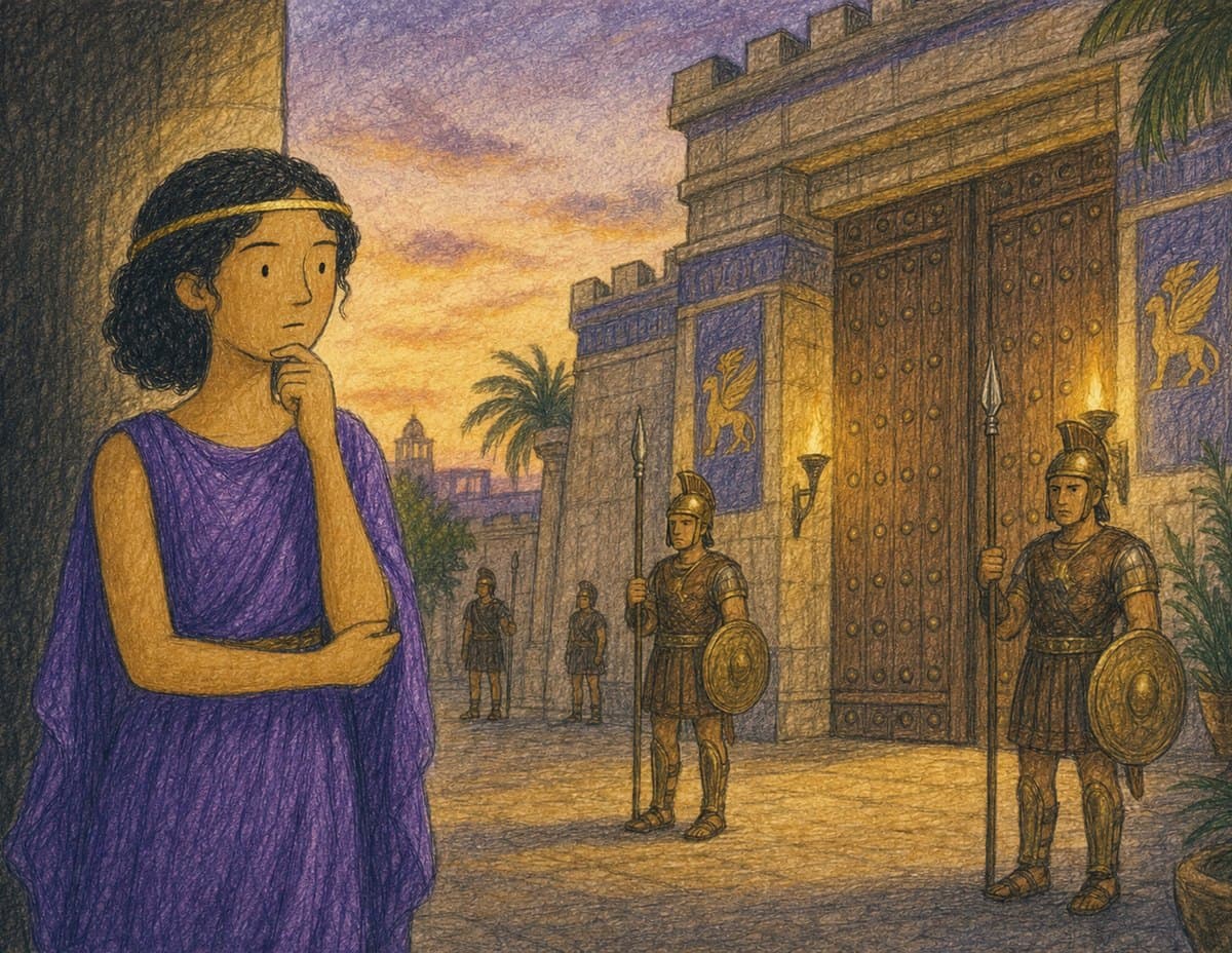 Cleopatra stands outside a great gate at dusk, where armed guards keep watch by torchlight, in soft crayon