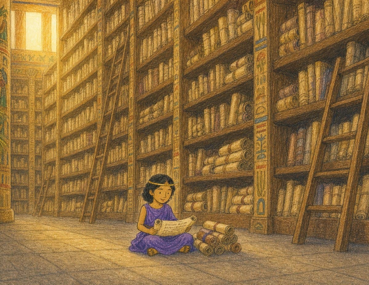 Young Cleopatra sits reading on the floor of a tall library, surrounded by shelves full of scrolls, in soft crayon