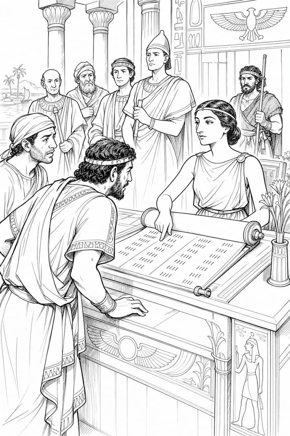 Cleopatra at a desk points along a long unrolled scroll while men lean in and officials wait behind, in black-and-white line art