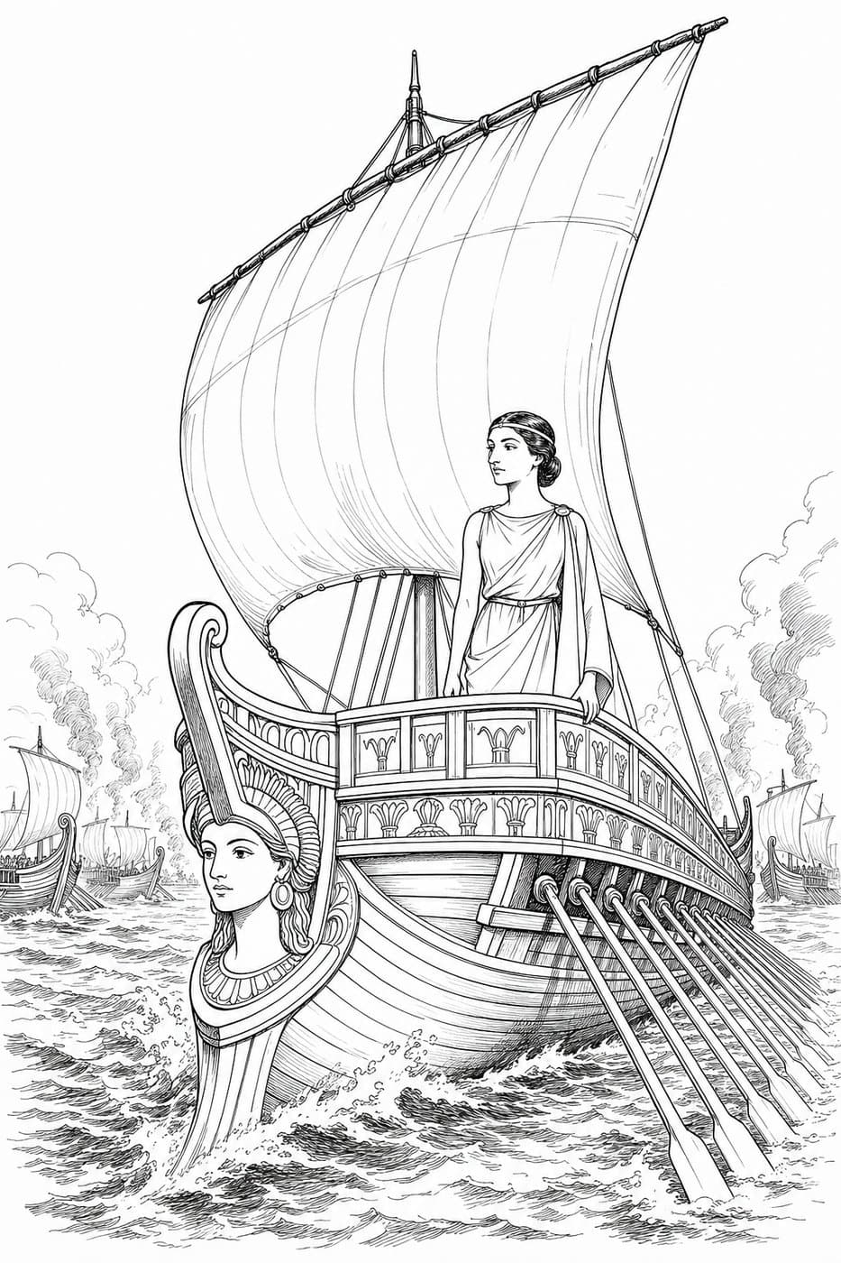 Cleopatra stands on the deck of a sailing warship with its oars out, as smoke rises from ships behind her, in black-and-white line art