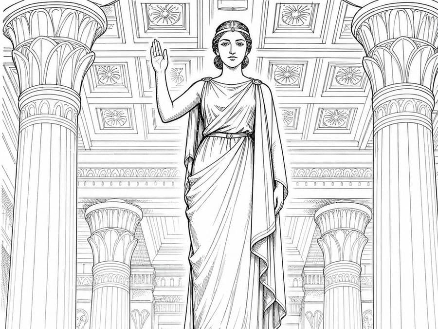 A statue of Cleopatra stands on a tall base between columns while men below look up and talk behind their hands, in black-and-white line art