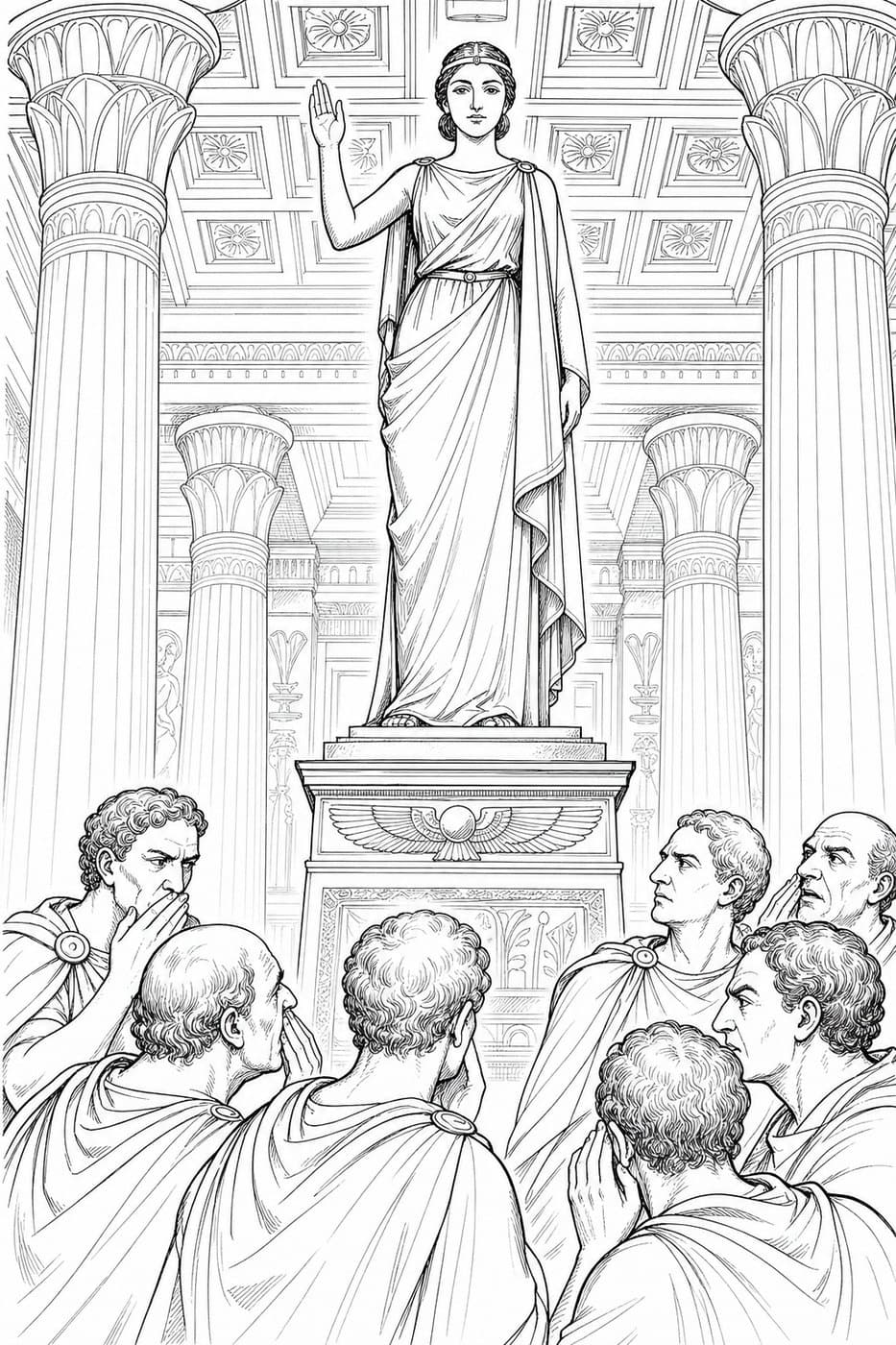 A statue of Cleopatra stands on a tall base between columns while men below look up and talk behind their hands, in black-and-white line art