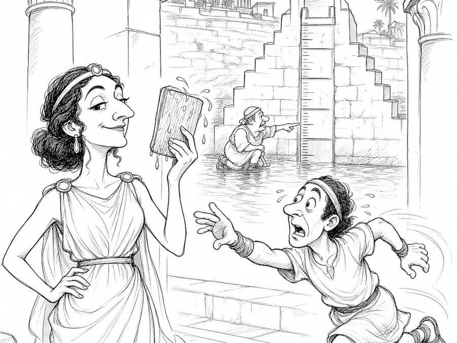 Cleopatra holds up a tablet as a messenger runs toward her, with a stone stairway leading down into the water behind, in black-and-white cartoon