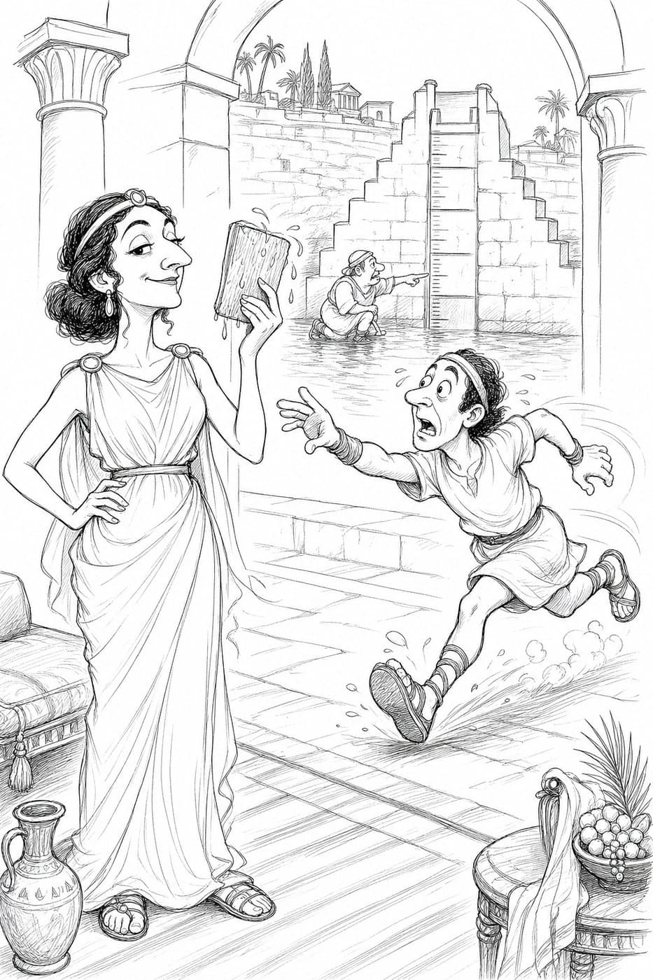 Cleopatra holds up a tablet as a messenger runs toward her, with a stone stairway leading down into the water behind, in black-and-white cartoon