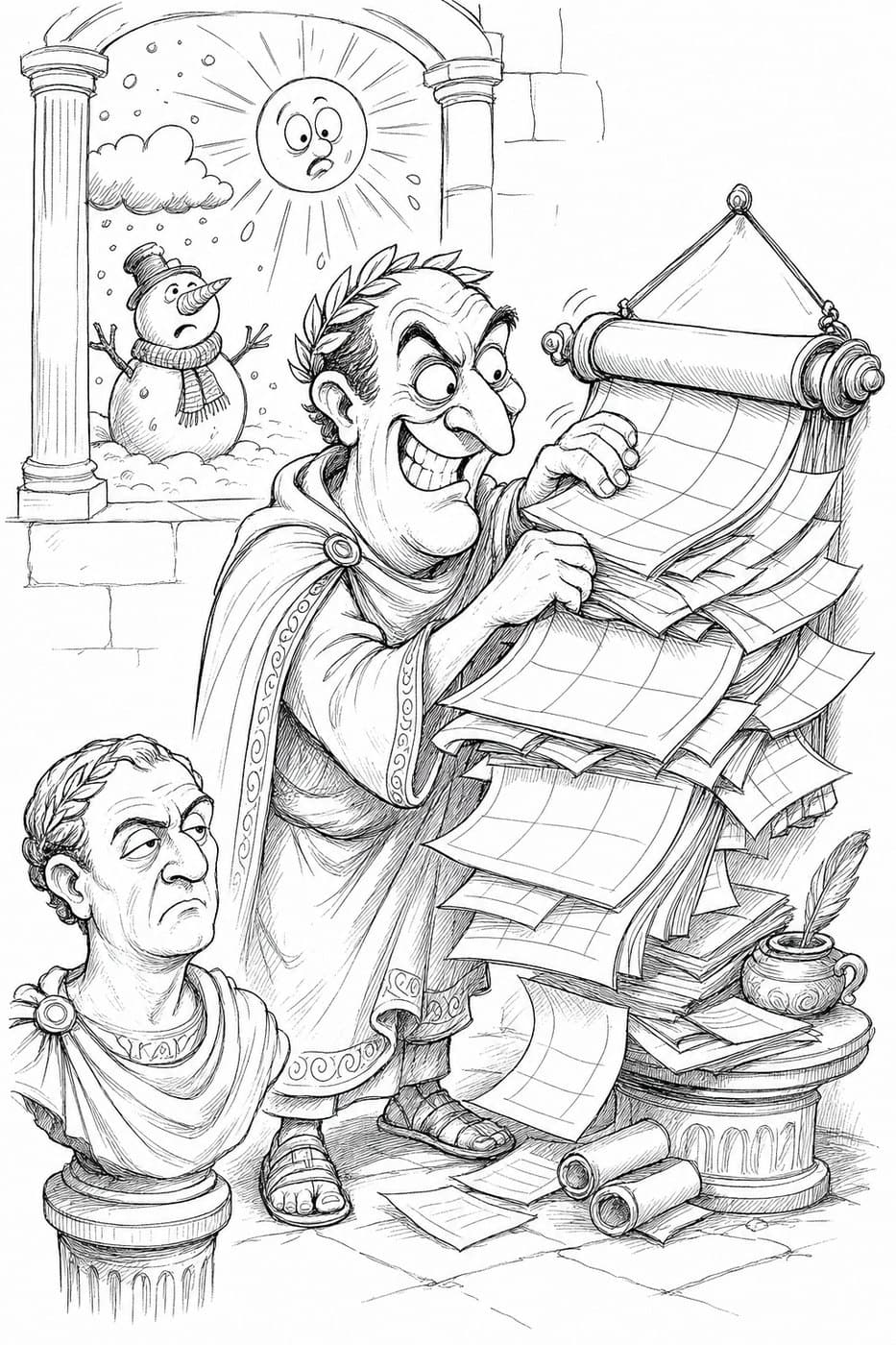 A grinning Roman unrolls a long calendar scroll beside a frowning bust, while the window behind him shows a sun above a snowman, in black-and-white cartoon