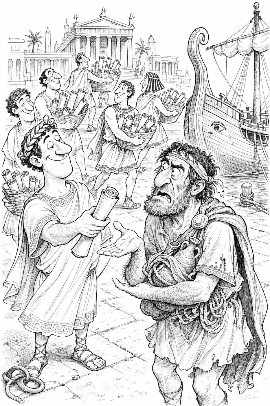 A smiling young official holds up a scroll to a scowling sailor on a busy dock, with a ship and men carrying baskets of scrolls behind, in black-and-white cartoon