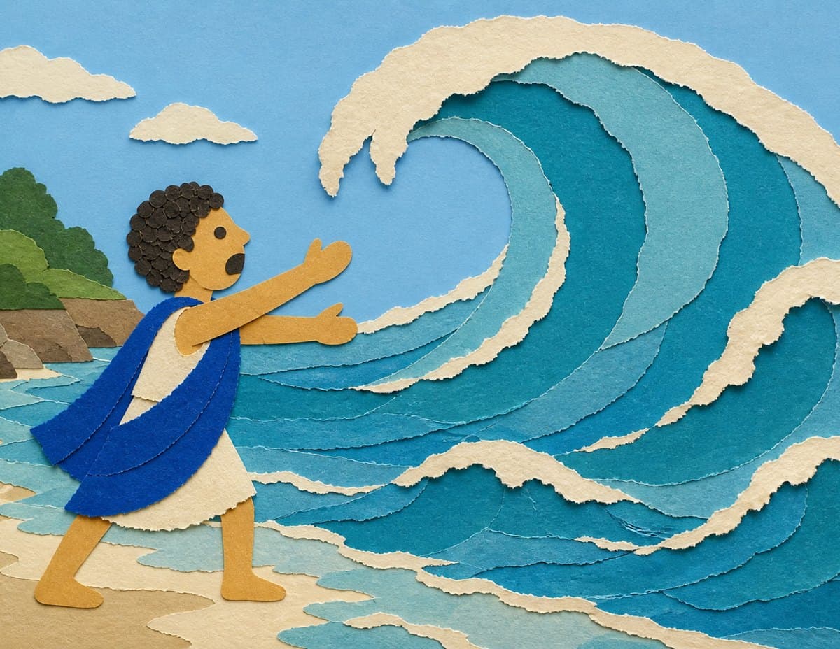 Demosthenes, in a blue sash, leans into a huge curling wave and shouts at it, in cut-paper collage