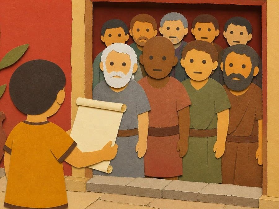 A small boy holds up a scroll while a crowd of grown men fills the doorway to watch him, in cut-paper collage