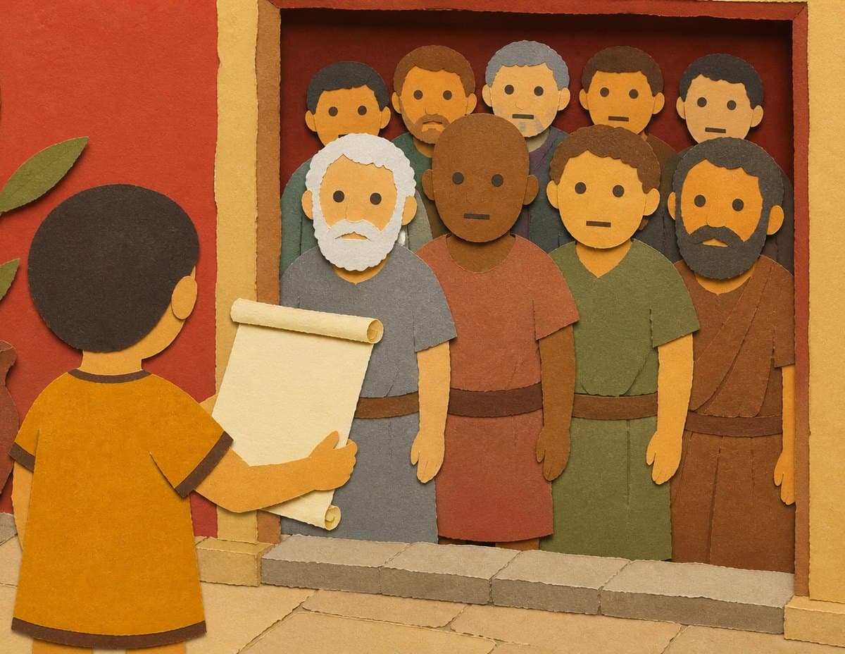 A small boy holds up a scroll while a crowd of grown men fills the doorway to watch him, in cut-paper collage